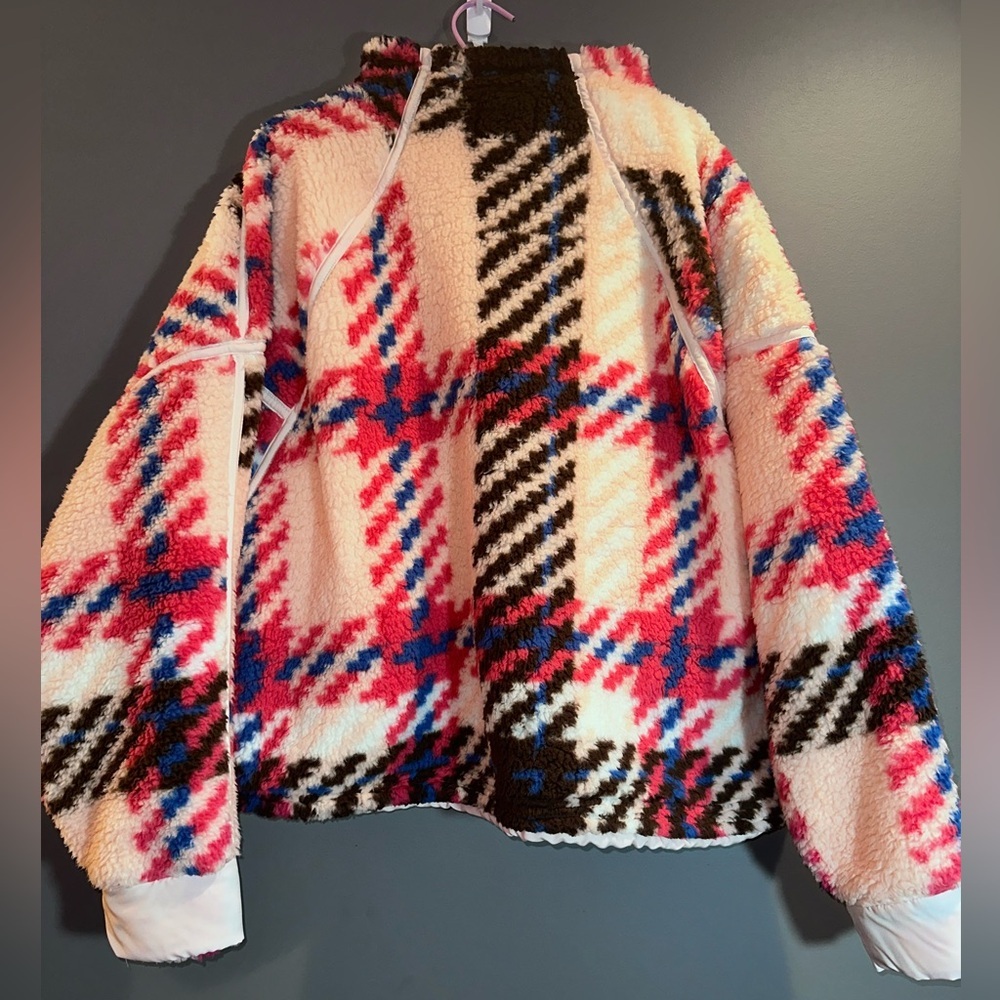 SO XXL Oversized Sherpa Fleece Pullover Plaid Zip High Neck Cozy Jacket - Picture 5 of 11